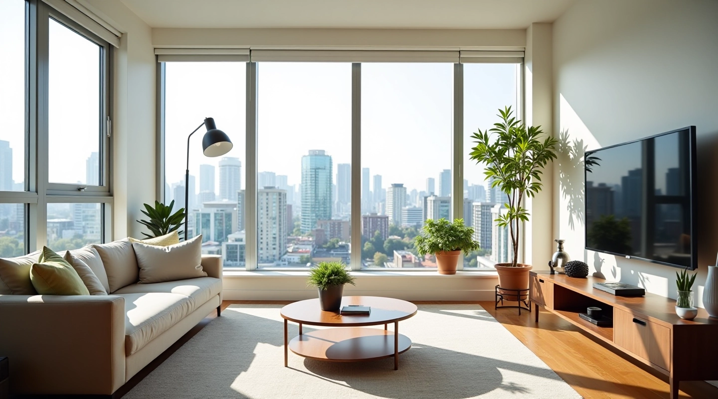 Modern apartment living room with furniture and moving boxes