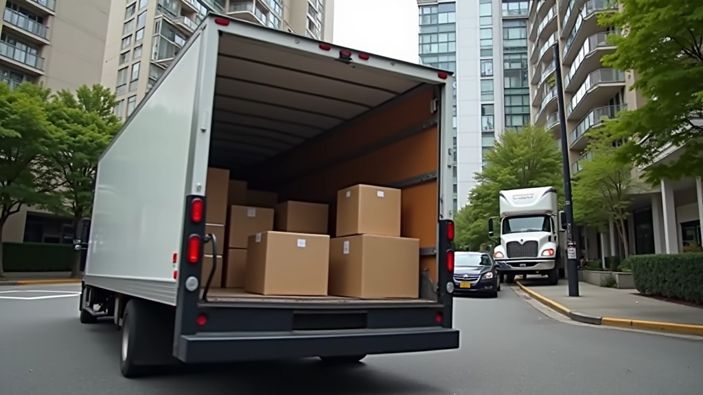 Moving truck parked on residential street with boxes stacked outside apartment building